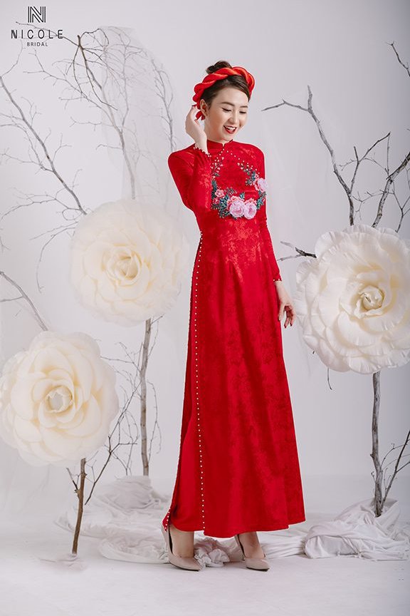 ÁO DÀI CƯỚI ĐỎ GẤM DDDOF86